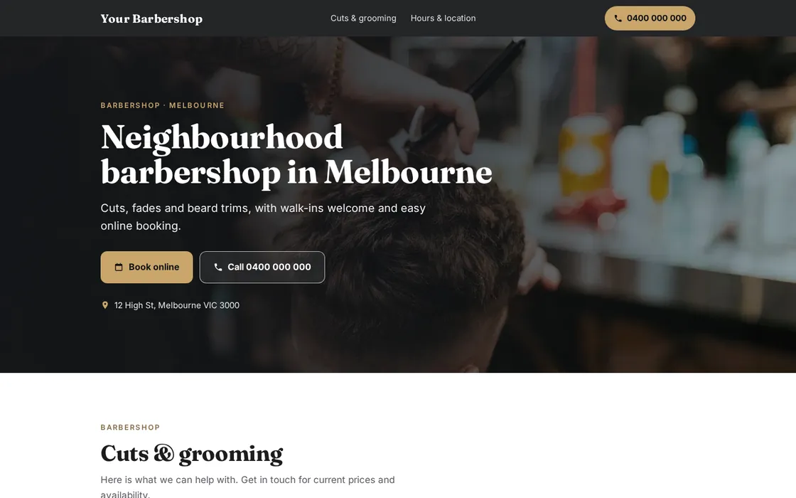 Concept homepage for a sample barbershop on a laptop