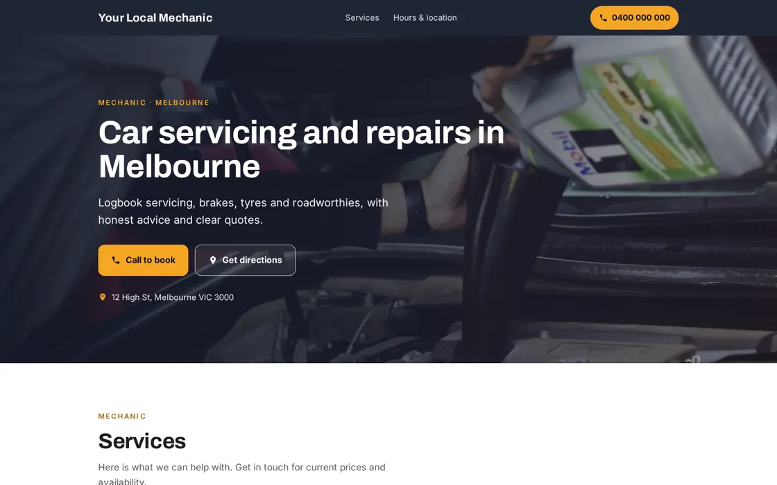 Concept homepage for a sample mechanic on a laptop