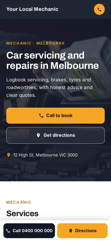 Concept homepage for a sample mechanic on a phone